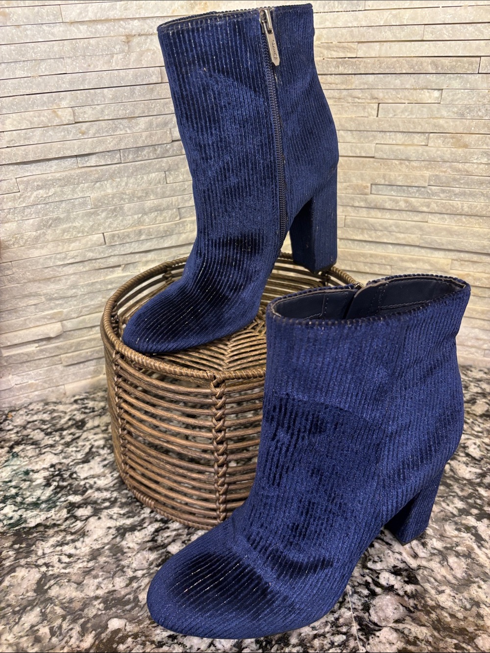 Sam Edelman Navy Blue Velvet Ankle Booties with Block Heel